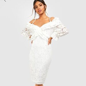 NEW WITH TAGS! White long sleeve off the shoulder lace ruffle midi dress.